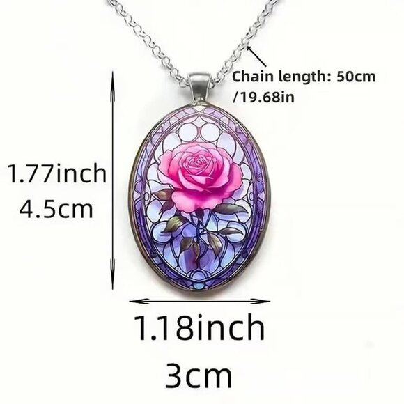 Silver Oval Shaped PINK ROSE Pendant Necklace - Picture 3 of 3